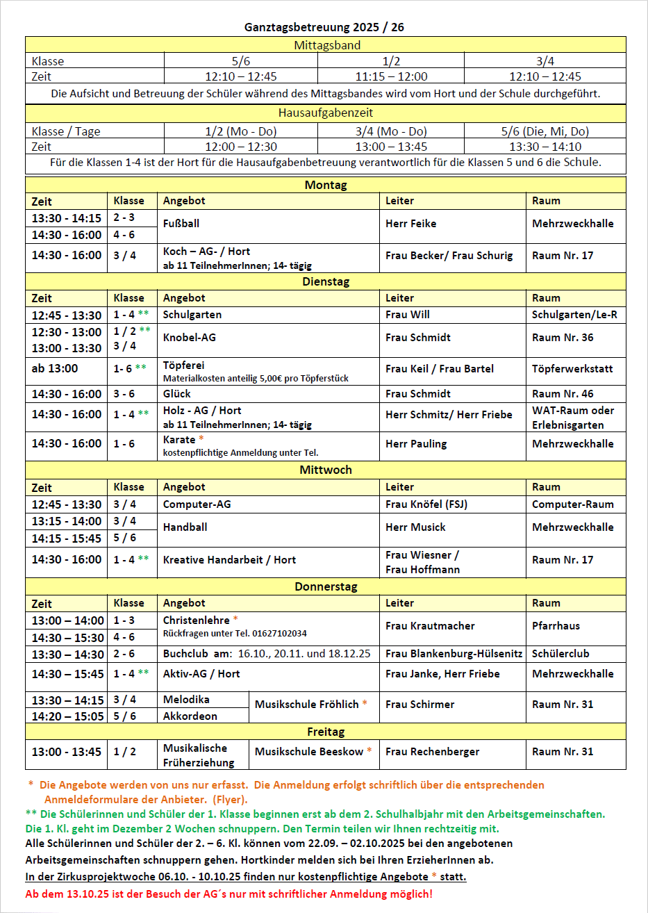 Ganztagsbetreuung 2. Schulhalbjahr 2025/26