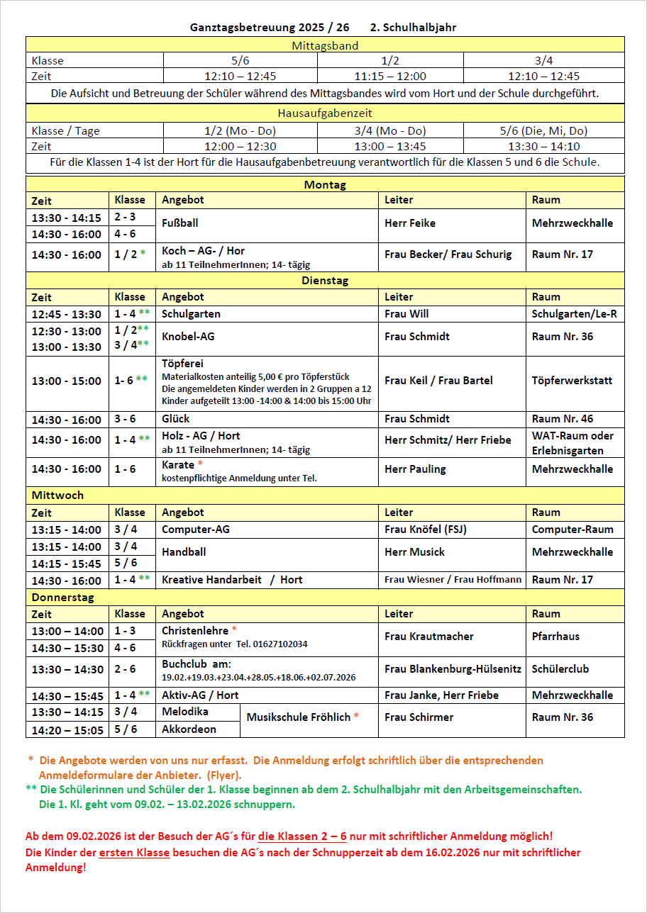 Ganztagsbetreuung 2. Schulhalbjahr 2025/26